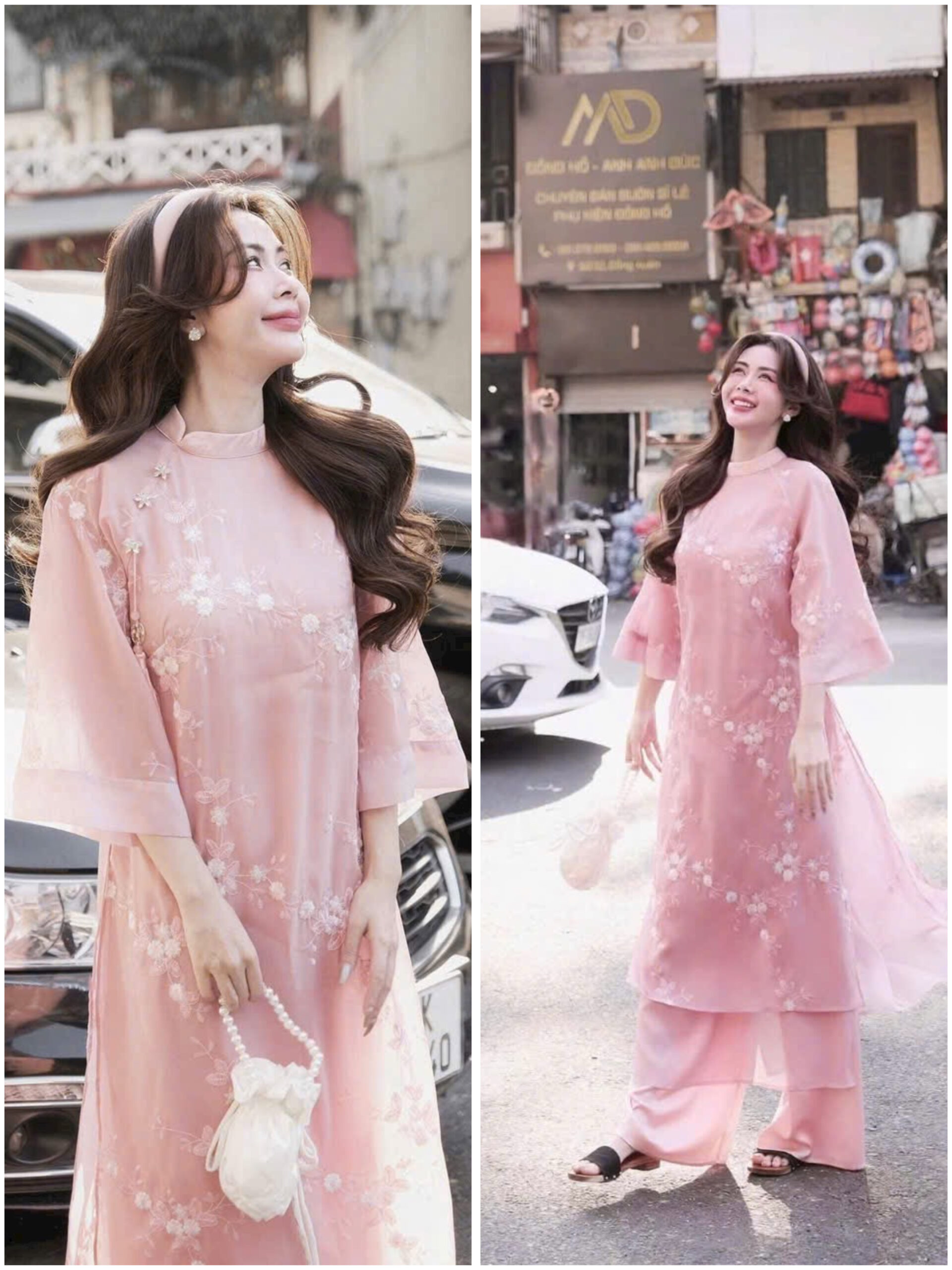 Mẫu áo dài cách tân hồng pastel dáng suông