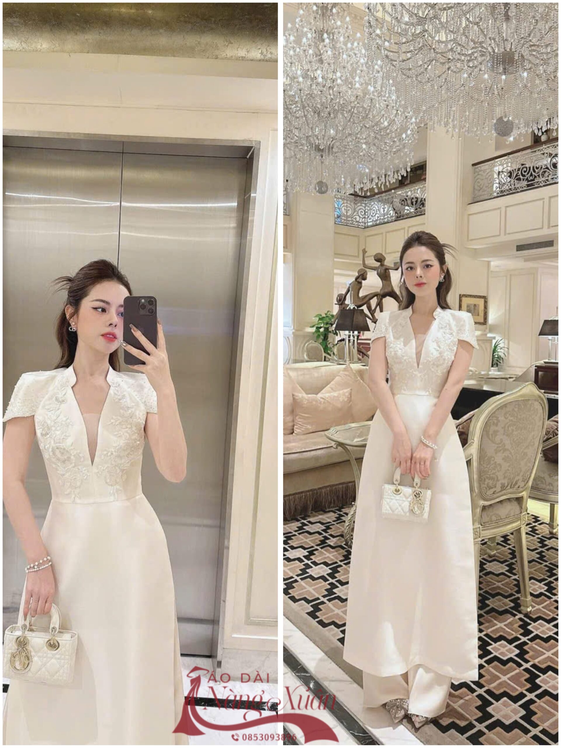 Mẫu áo dài cách tân trắng cổ V đính đá lấp lánh tại Áo Dài Nàng Xuân – sang trọng và cuốn hút