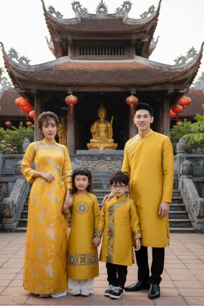 áo dài gia đình màu vàng tươi trẻ trung 2026