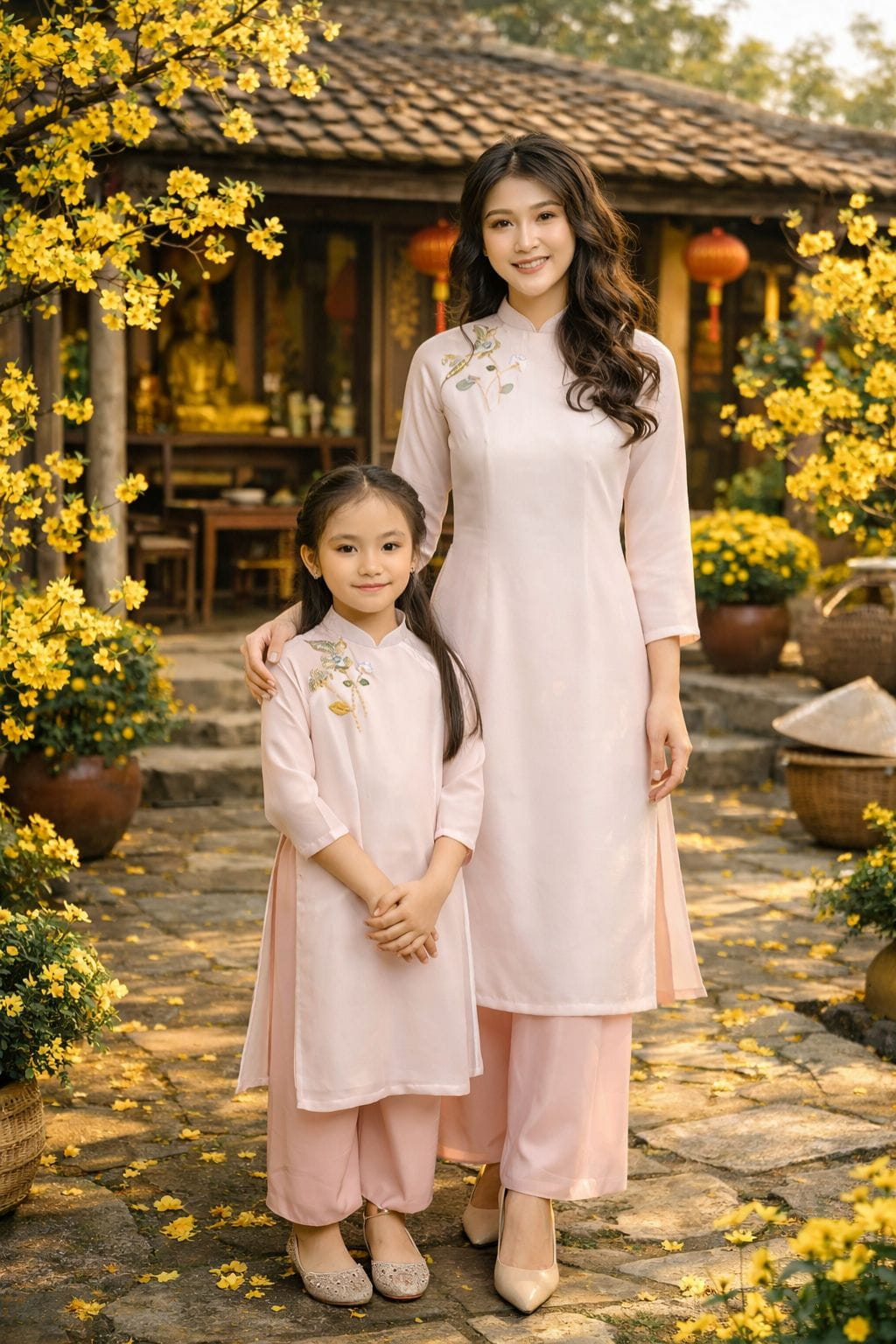 áo dài mẹ và bé gái may sẵn mặc tết