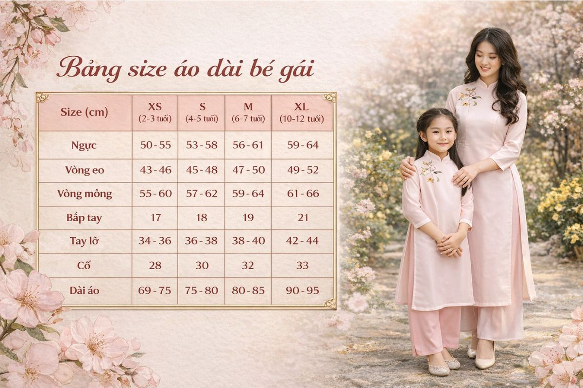 bảng size áo dài bé gái may sẵn
