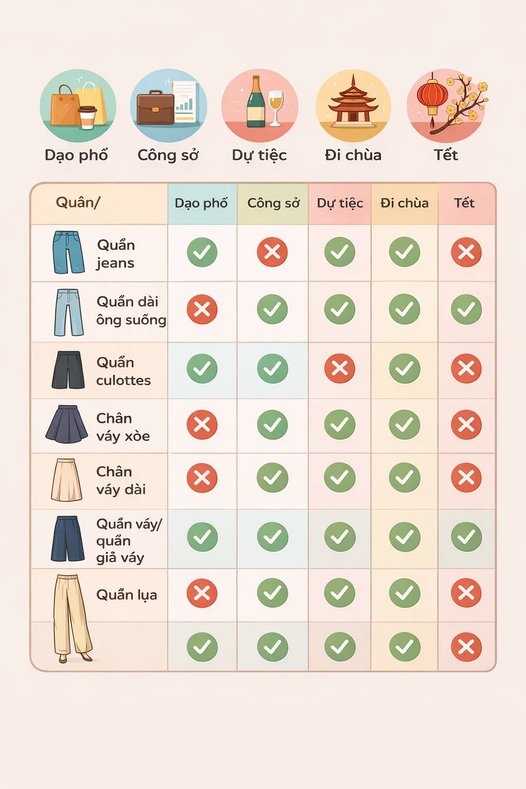 bảng phối quần váy áo dài cách tân theo từng dịp