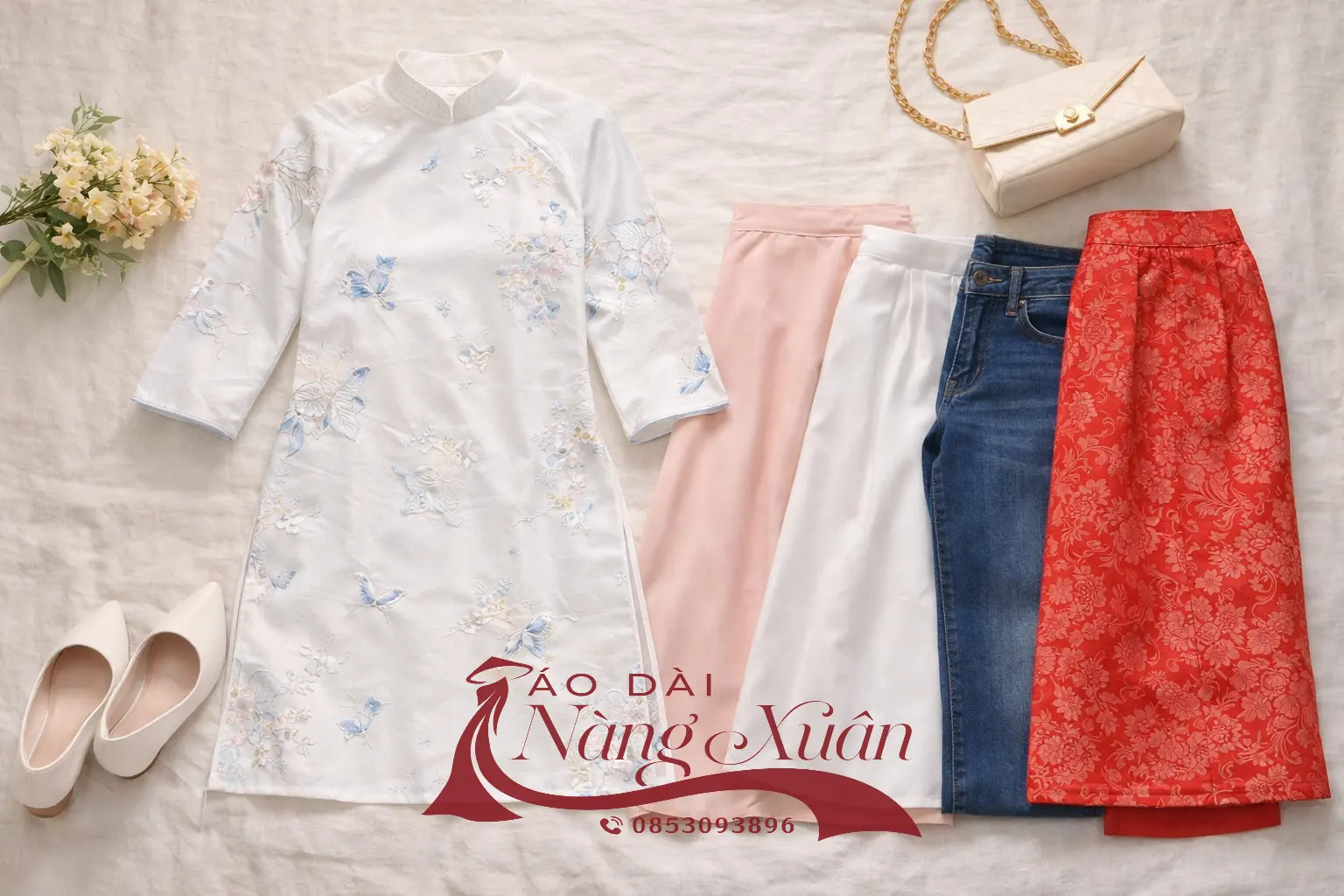 flat lay áo dài cách tân và các lựa chọn quần váy phối đồ