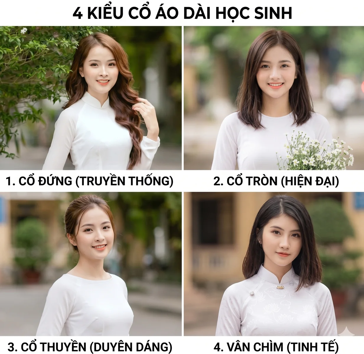 Các kiểu cổ áo dài học sinh phổ biến cổ đứng cổ tròn cổ thuyền