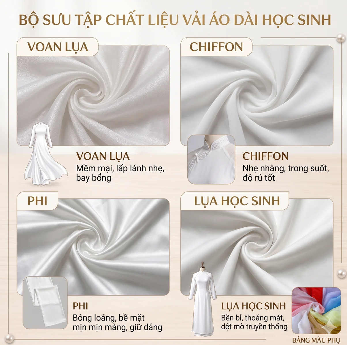 Chất liệu vải áo dài học sinh voan lụa chiffon so sánh