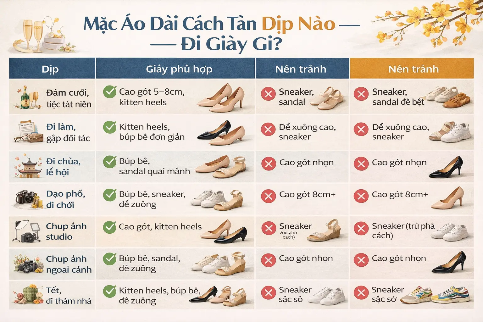 bảng chọn giày theo dịp mặc áo dài cách tân 7 trường hợp