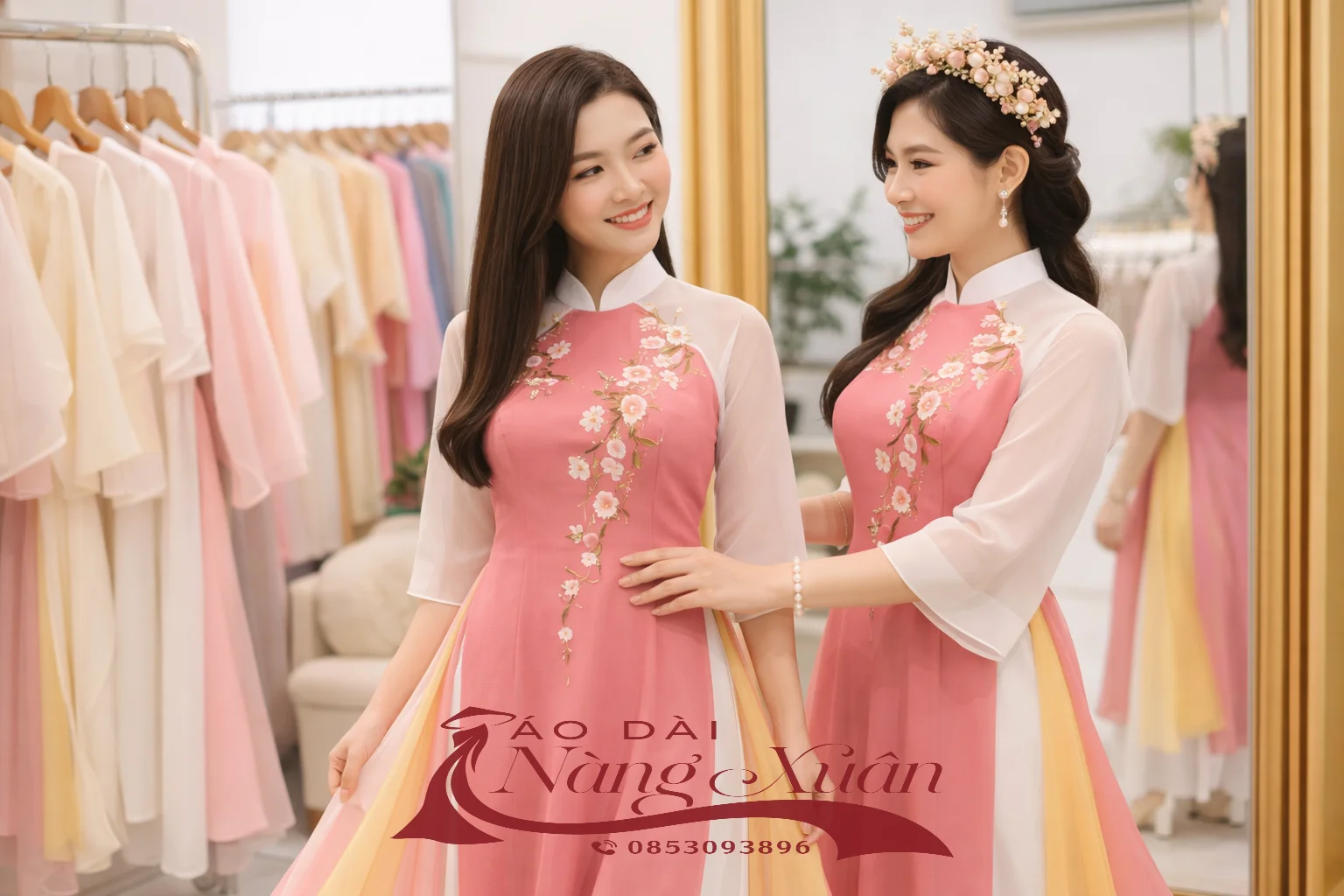 Khách hàng thử áo dài 4 tà tại Nàng Xuân được tư vấn tận tâm