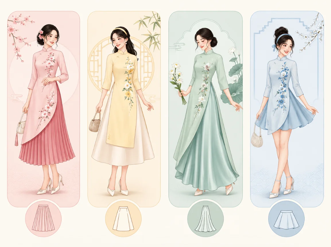 Bốn kiểu chân váy phối áo dài cách tân đẹp nhất