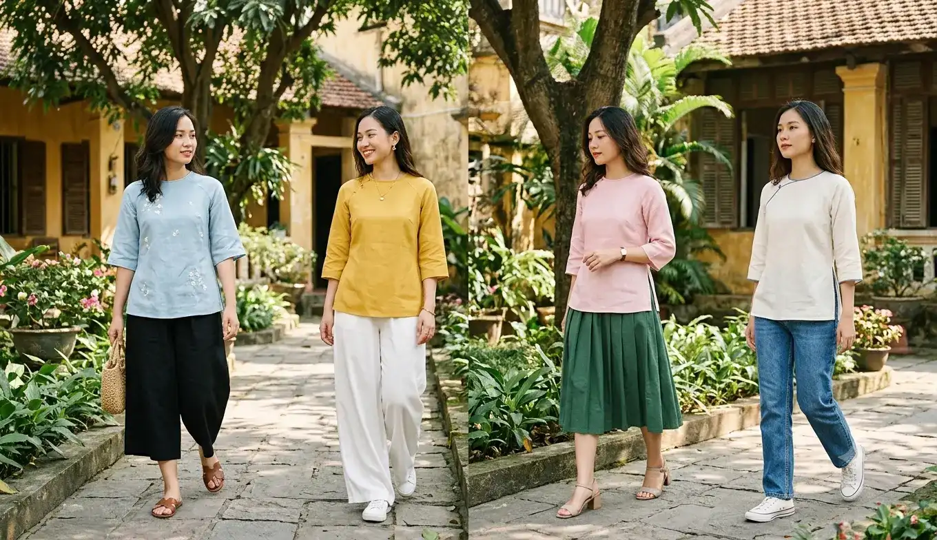 Cách phối đồ áo dài cách tân tà ngắn với quần ống rộng chân váy jeans